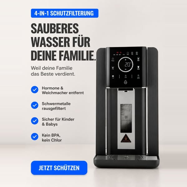 Kein Wasseranschluss nötig. 100 % gefiltertes Trinkwasser mit 3-stufigem Filtersystem