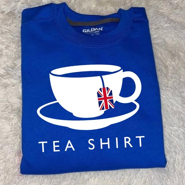 Tea Shirt British Sweatshirt, Funny Teacup Union Jack Tag Graphic Crewneck, English Tea Lover Shirt, Cute UK Souvenir Gift