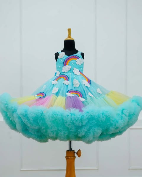 Pale Turquoise Rainbow theme heavy beaded frill gown