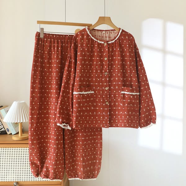 Dot Cotton Gauze Lace Lounge Set