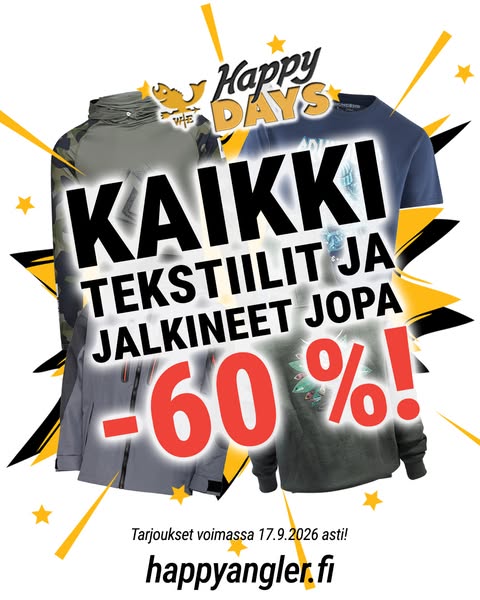 Kaikki kalastusvaatteet -ja jalkineet jopa -60 %!