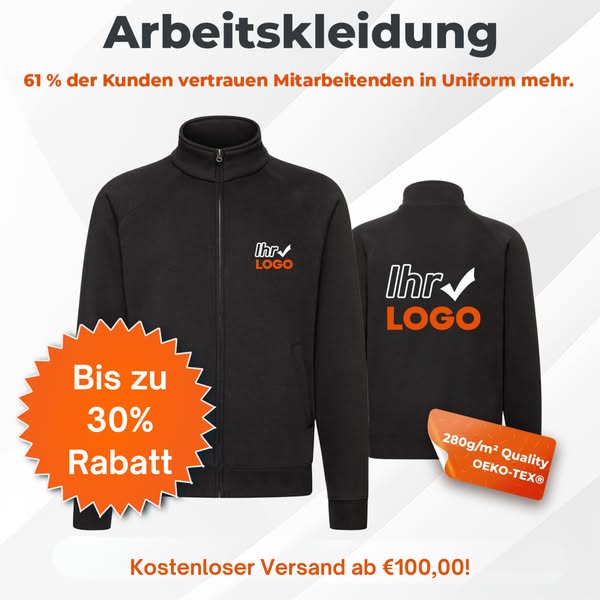 Sparen Sie bis zu 30% auf Premium Arbeitskleidung + Logo-Druck gratis