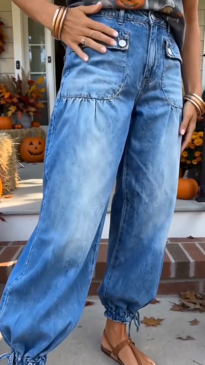 Women's High-Waisted Balloon Jeans with Drawstring Cuffs