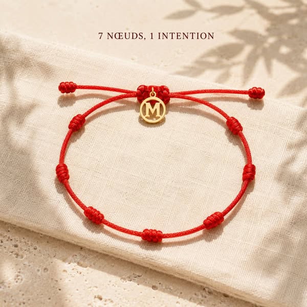 Bracelet Rouge 7 Nœuds – "Porte-Bonheur" Personnalisé avec Initiale au Choix