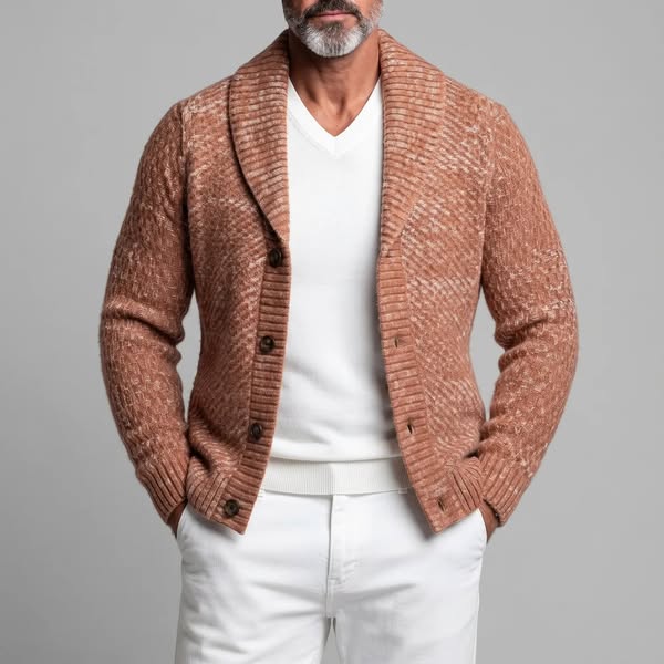 Men's Solid Color Shawl Lapel Single Breasted Marled Knit Texture Sweater Cardigan