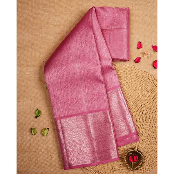 Dusty Pink colour Kanchipuram Samudrika Silk Saree featuring Geometric pattern weaving with gold zari jacquard and a traditional zari border