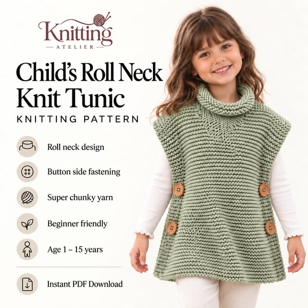 Kids Roll Neck Knit Tunic Knitting Pattern