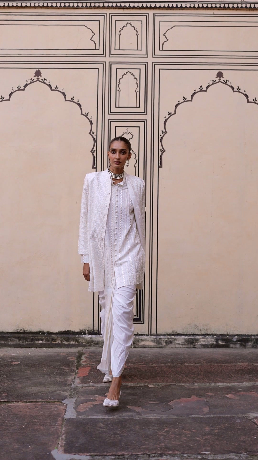 EMBROIDERED JACKET, LONGLINE SHIRT & DRAPED DHOTI PANT