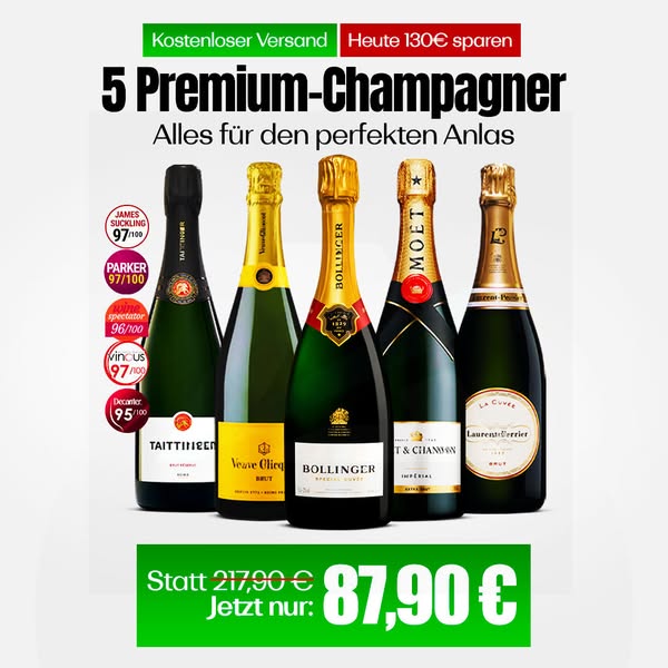 Veuve Clicquot Brut, Moët Impérial, Bollinger Special Cuvée, Mumm Cordon Rouge & Ruinart Brut