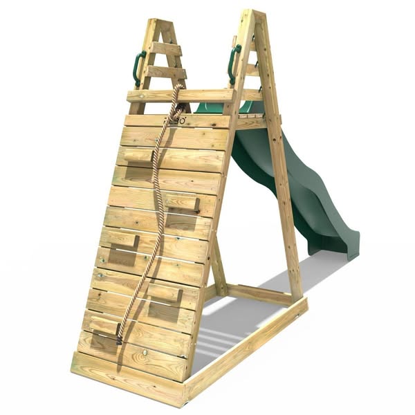 Rebo Wooden Free Standing Slide with Water Slide - with Adventure Wall