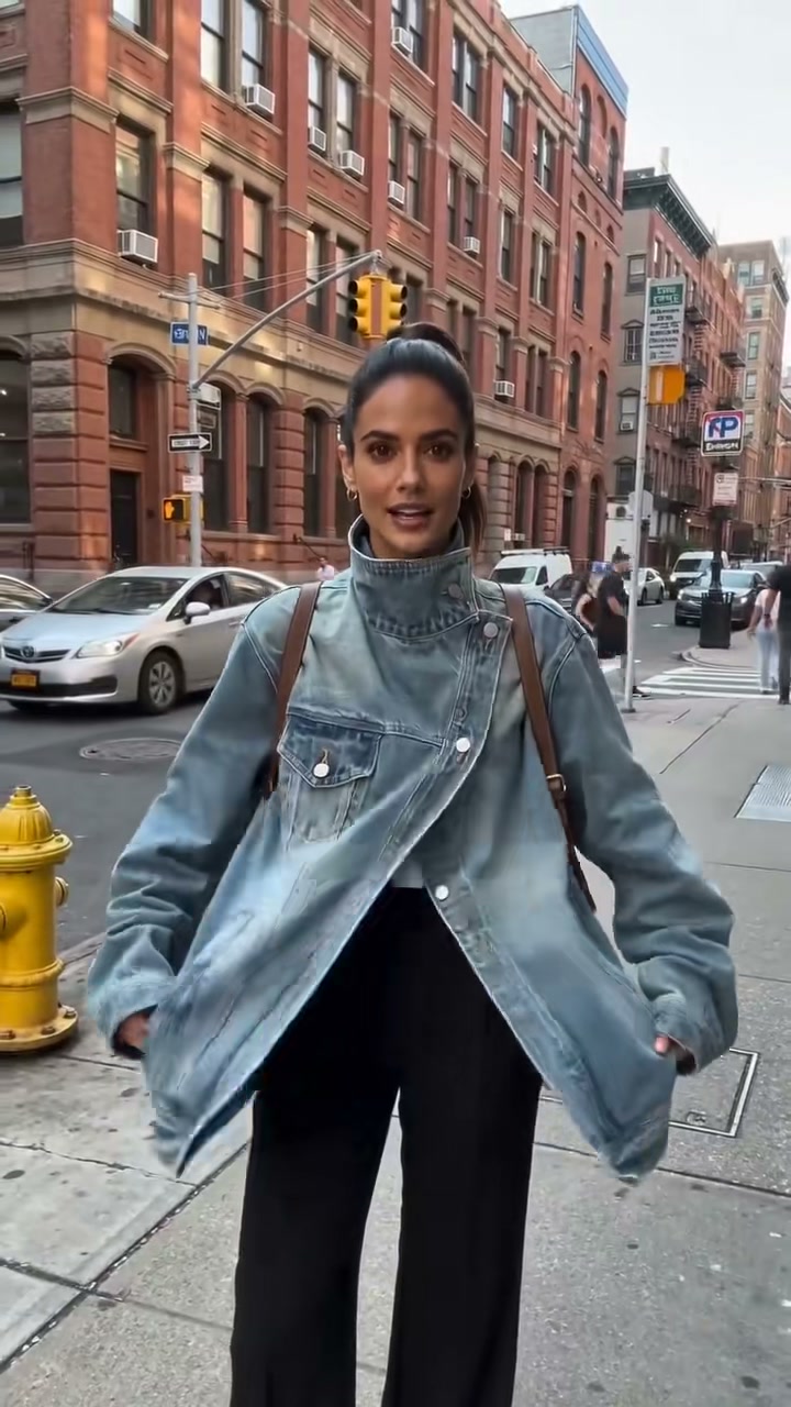 Women's Vintage Washed High Neck Asymmetric Button Loose Denim Jacket