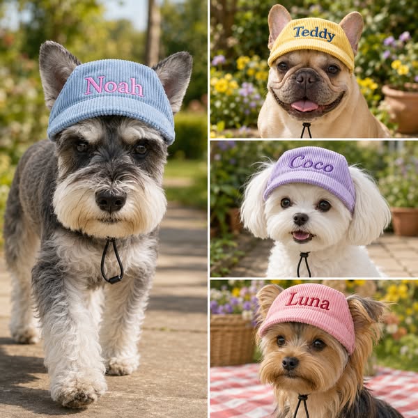 Custom Embroidered Name Corduroy Dog Hat, Adjustable Breathable Pet Baseball Sun Hat, Personalized Puppy Cap Suitable for Small to Large Bre