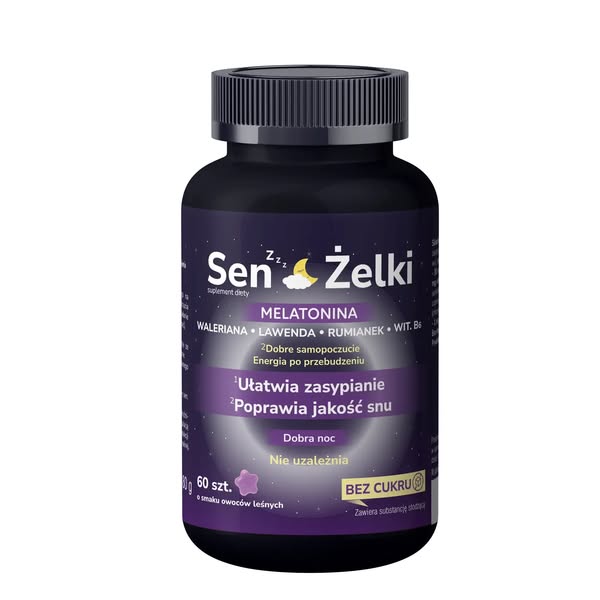 Domowa Apteczka Sen Żelki - żelki z melatoniną 1 mg na sen i zasypianie, kozłek lekarski, lawenda, rumianek, witamina B6, bez cukru, 60 żelk