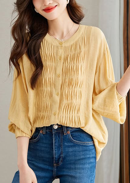 Modern Yellow Wrinkled Button Patchwork Chiffon Top Long Sleeve L(Fit for EU 42-44, US 10-12, UK/AU 14-16, IT 46-48 )