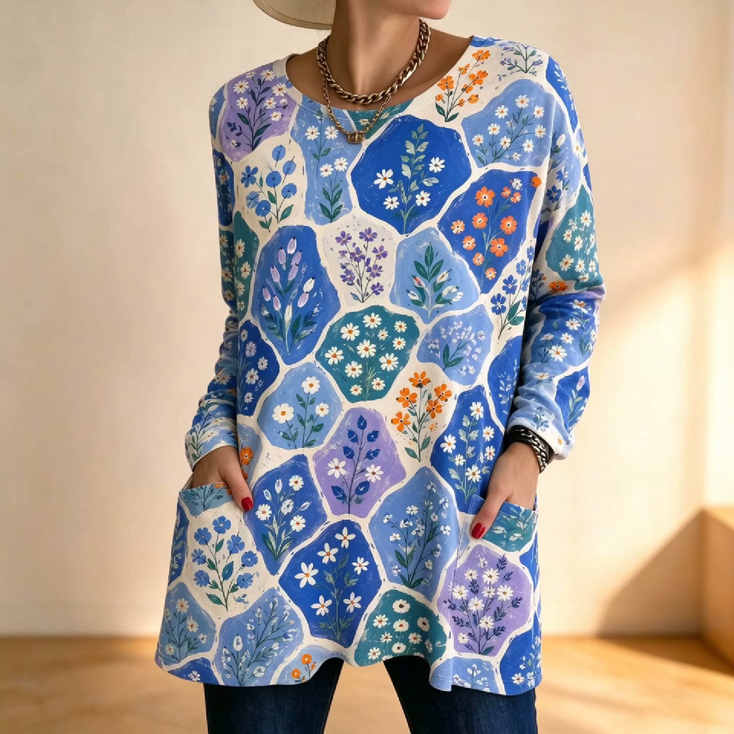 Blue floral knit tunic with pockets