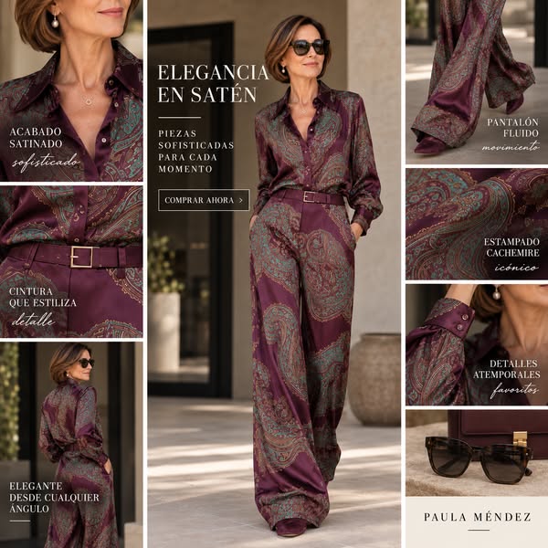Conjunto satinado cachemire con pantalón ancho