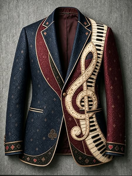 Men's Retro Musical Notes And Poker Art Print Casual Blazer