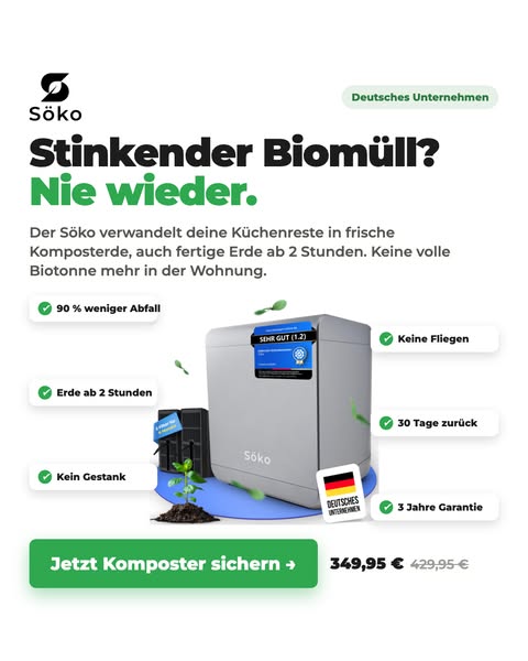 Verwandle Biomüll schon ab 2 Stunden in frische Komposterde mit dem elektrischen Söko Komposter