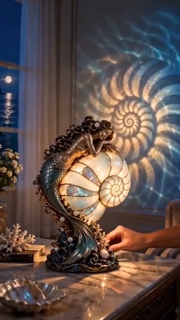 Moon Tide Mermaid Nautilus Projection Lamp | Soft Ocean Glow & Spiral Wall Projection