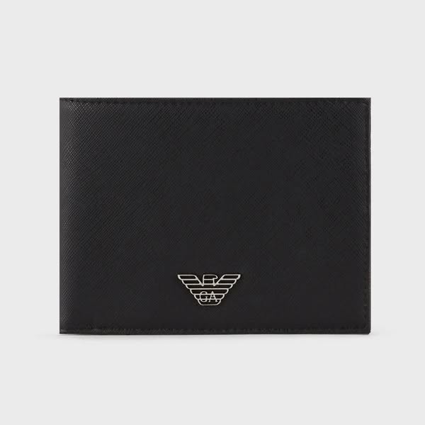 EMPORIO ARMANI MEN COIN-POCKET WALLET IN REGENERATED LEATHER WITH EAGLE PLATE BLACK