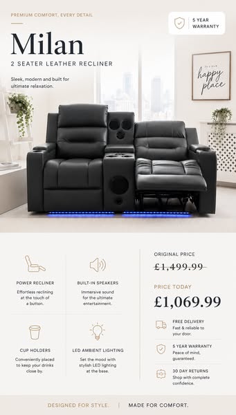 Milan - 2 Seater - Leather Recliner