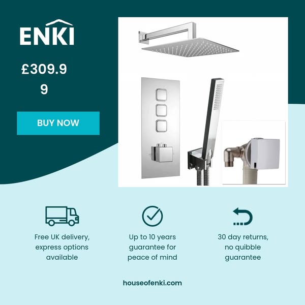Spello Square Thermostatic Concealed Shower Set with Bath Filler, Wall Overhead Shower, Handset Kit - Chrome