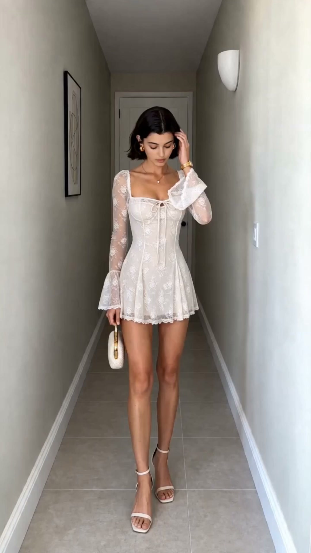 Square-Neck Lace Mini Dress with Flared Sleeves
