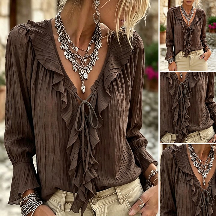 Ruffle Trim Lace-Up Long Sleeve Blouse