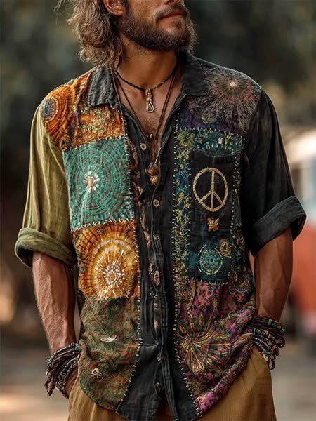 Men's Hippie Peace Sign Tie-Dye Patchwork Art Print Long Sleeve Pocket Shirt