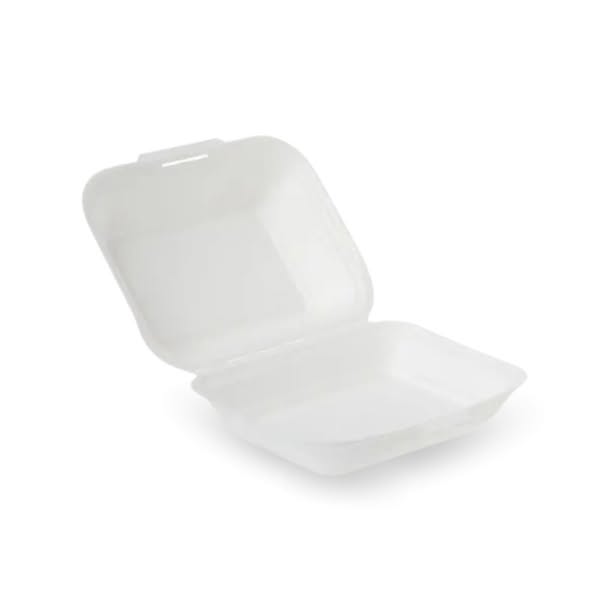 250 x 900ml Compostable White Bagasse Clamshell Burger Box