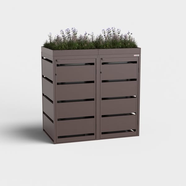 Trash bin box 2-compartment (120l) | Dagobert | Brown (RAL8017) | with plant roof | made of stainless steel