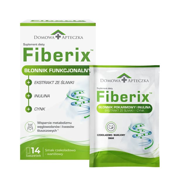 Domowa Apteczka Fiberix - błonnik funkcjonalny na jelita i metabolizm, babka jajowata, inulina, śliwka, cynk, bez cukru, wegański, 14 saszet