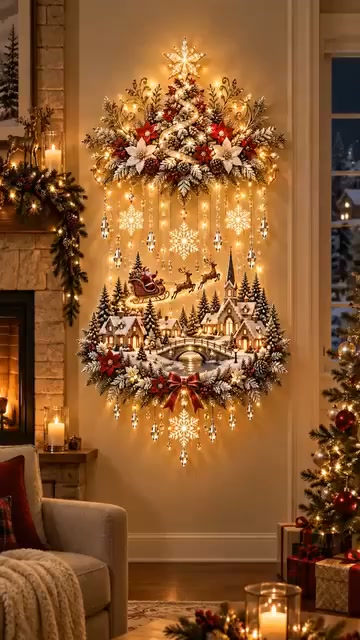 Illuminated Christmas Tree & Village Wall Hanging