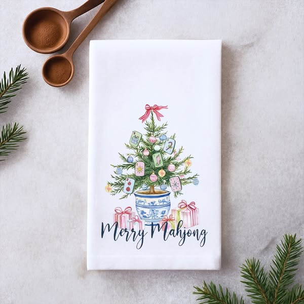 Merry Mahjong Chinoiserie Christmas Tree Tea Towel