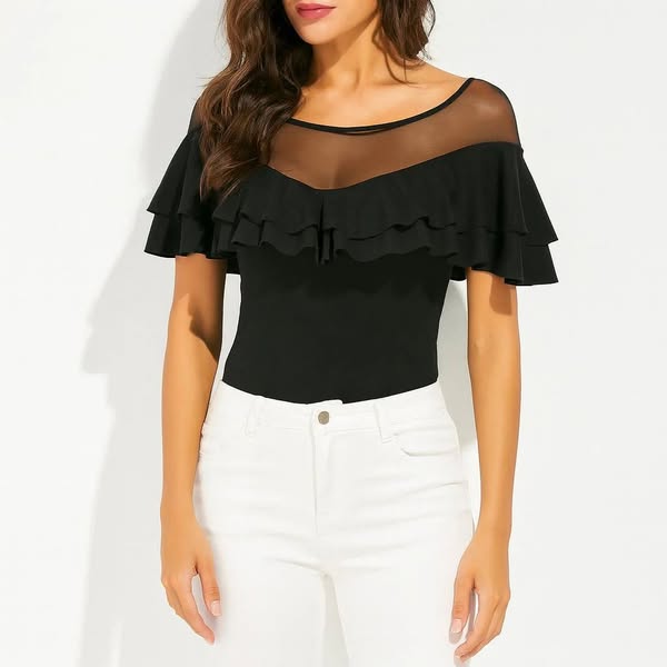 Maglia Lea Elegante Con Inserto In Velo E Dettagli A Ruche Made In Italy – Taglie 38–60