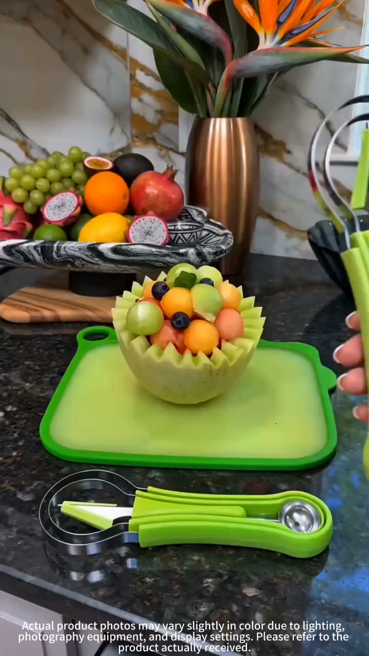 Nu 50% rabatt! 3-i-1 melonkulsverktyg – skopa, forma & dekorera, rostfritt stål, skönt grepp. Perfekt för meloner och mjuka frukter.