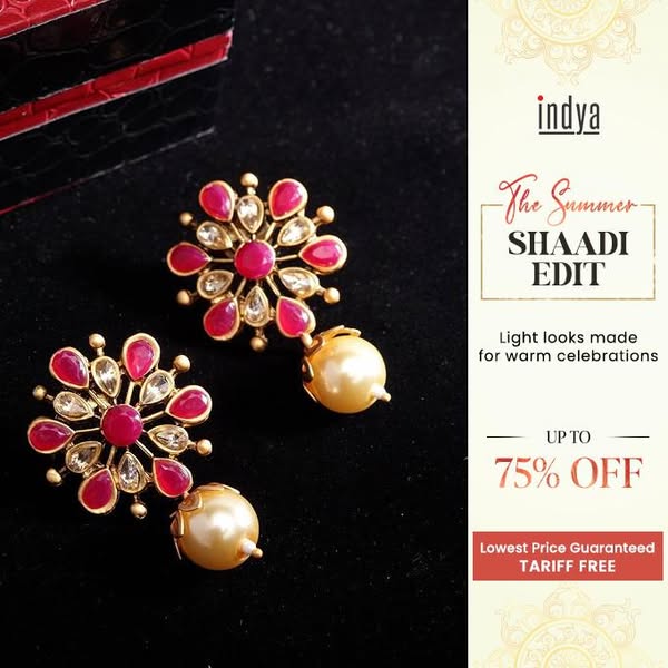 Indya Pink Gold Plated Floral Handcrafted Kundan Drop Earrings-10801038