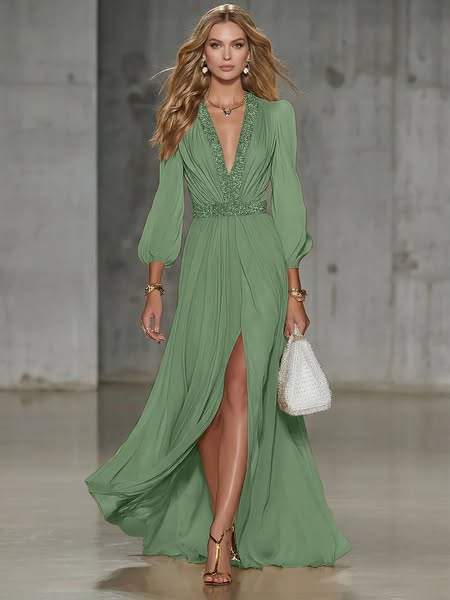 Elegant Beige Chiffon V-neck With Sequins Embellishments And A Side Slit Maxi Dress