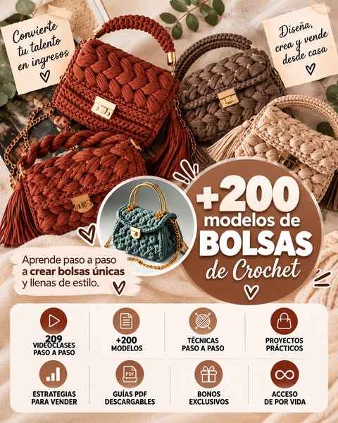 ¡Olvídate de los patrones difíciles! Aprende a crear +200 bolsas de crochet en vídeo.