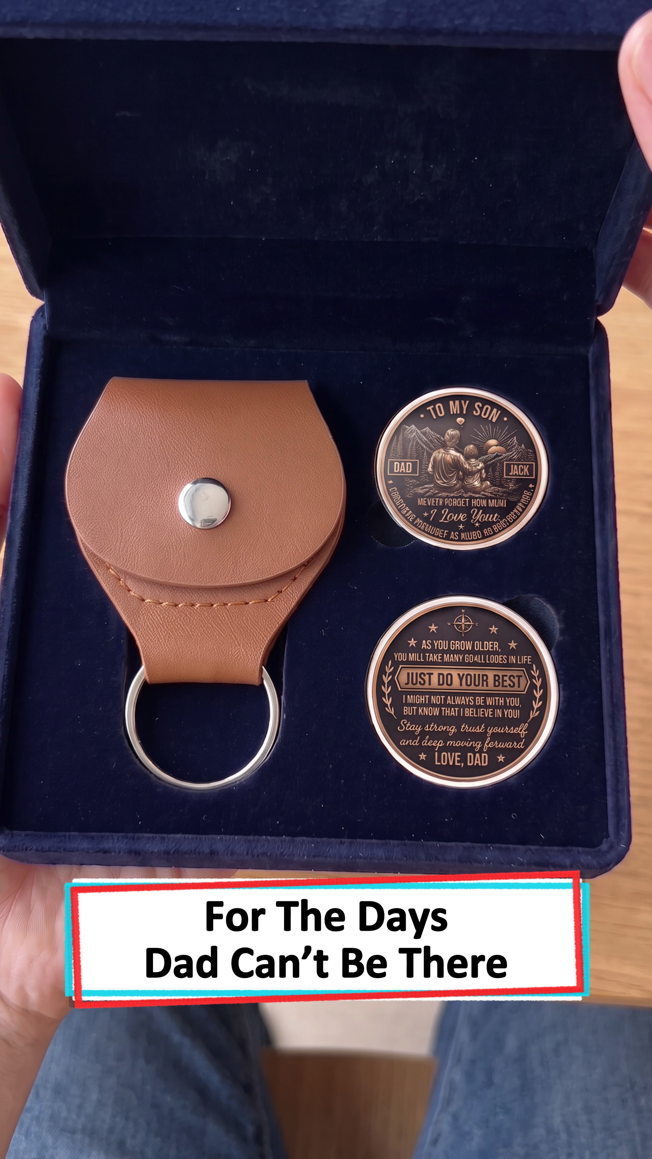 Give your son a personalized leather pocket hug to remind him you're always with him.