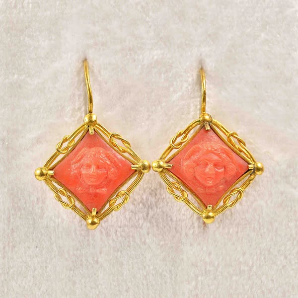 Antique Victorian Coral & Gold Drop Earrings