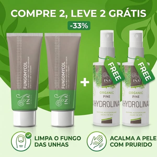 Compra 2 cremes Fungomycol e leva 2 águas de pinho grátis