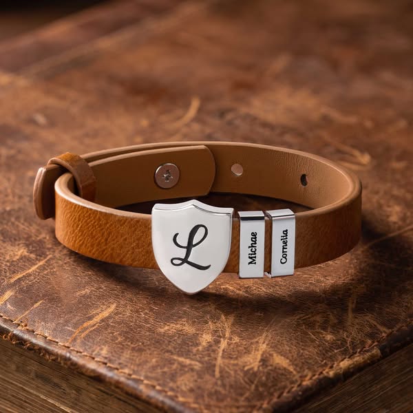 Personalized Shield Bracelet with Name, PU Leather Adjustable Jewelry, Sentimental Family Bracelet, Father's Day/Birthday Gift for Dad/Husba