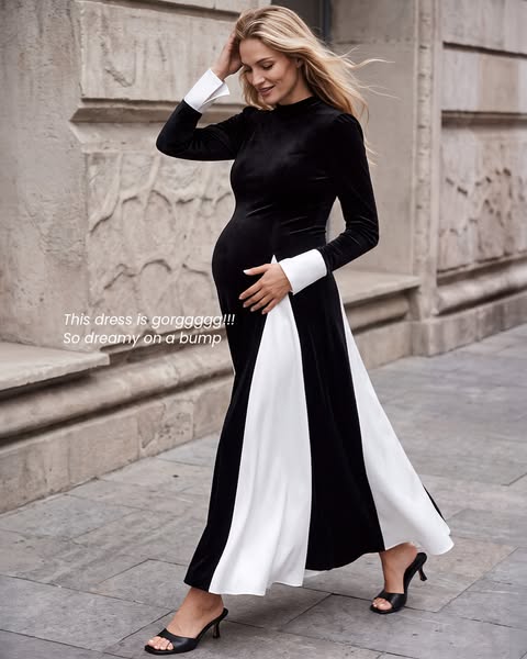 Mock Neck Long Sleeve Contrast Maternity Maxi Dress