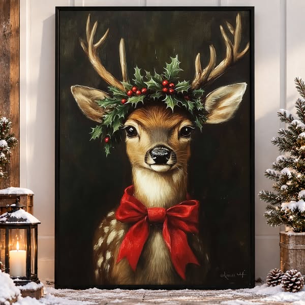 Cute Christmas Canvas Painting, The Fawn Has A Laurel Wreath On Its He