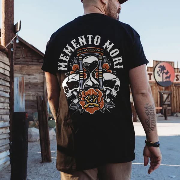 Memento Mori Print Men's T-Shirt Black-3XL