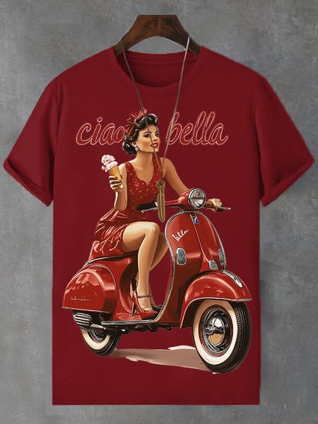 Men's Girl Moped Ciao Bella Travel Print Cotton Casual T-Shirt
