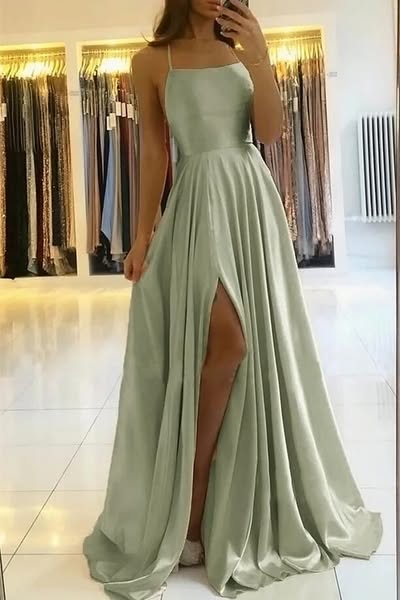 Simple Sage Satin Spaghetti Straps Sleeveless Long Prom Dress with Split PD0438 Dark Green-US8