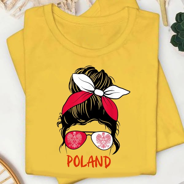 Polish Girl Messy Bun Shirt | Poland Flag Sunglasses T-Shirt | Red White Bandana Polish Pride Graphic Tee | Polska Women Heritage Top