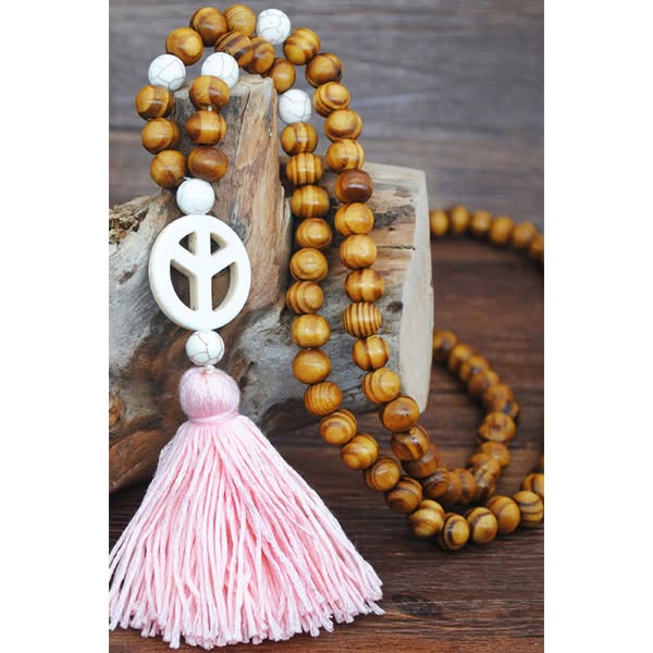 Handmade Wooden Beaded Tassel Sweater Chain - Pink Round Totem